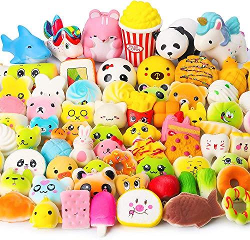 WATINC Random 70Pcs Squeeze Toys, Birthday Gifts for Kids Party Favors, Slow Rising Simulation Bread Squeeze Stress Relief Squeeze Toys Goodie Bags Egg Filler