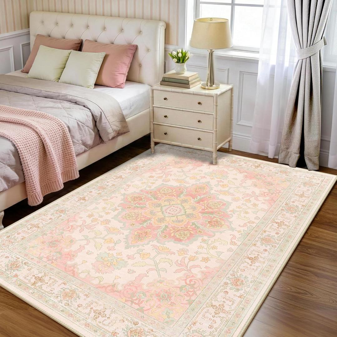 CAPALOCA Machine Washable Rugs Nursery Rug 3x5 Cute Girl Non Slip Low Pile Water Repellent Soft Print Pattern for Bedroom Indoor Decor Kids Playroom Pink Green