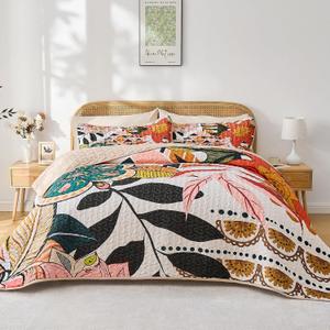 Pamnest Quilt Set King Size, Boho Floral 3 Pcs Soft Bed Cover Bedding Set, Mid Century Flowers Lightweight Bedspread Coverlet with 2 Pillow Sham for All Season
