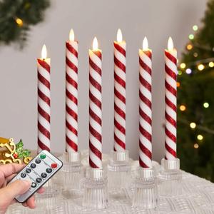 Velsyn 6 Pcs Christmas Flameless Taper Candles with Remote and Timer, 10 Inch Glitter Candy Cane Candles Battery Operated Christmas Candlesticks with LED Flickering Flame for Xmas Candy Cane Decor