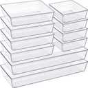 Criusia Drawer Organizer, 10 Pack Large Clear Plastic Set, 3 Size Versatile Bathroom and Vanity Organizer Trays, Storage Bins for Makeup, Bedroom, Kitchen Utensils