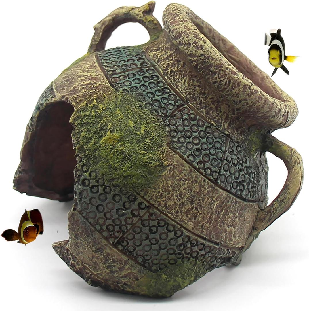 Relaqcc Aquarium Decor Ruins Leaning Vase Hideaway Cave, Betta Fish Tank Accessories for Goldfish, Shrimp, Conch, Cichlid