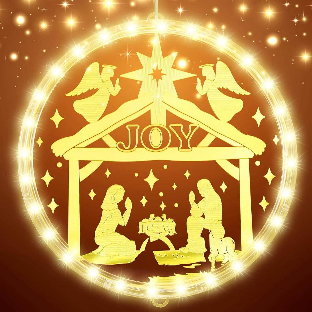 Capoda 9.45" Christmas Window Lights Nativity Scene Hanging Lights Christmas Decoration Indoor Jesus Window Decor Christian Religious Sign for Door Holiday Xmas Holy Night Party