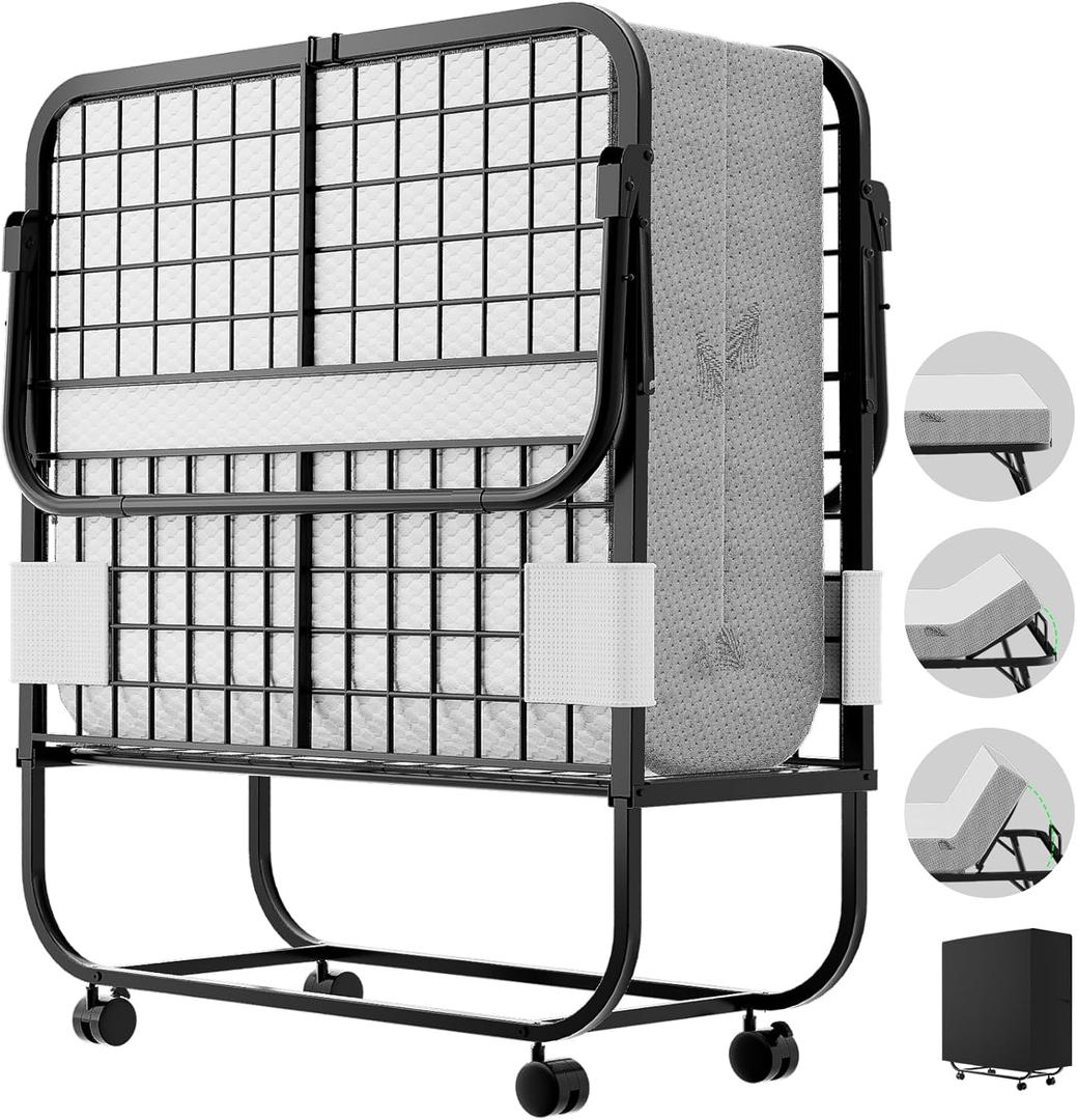 Folding Bed with Mattress for Adults, Portable Folding Bed with Adjustable Backrest, Cot Size Rollaway Bed with Memory Foam Mattress and Metal Frame on Wheels, Guest Bed, 75 x 31,Black