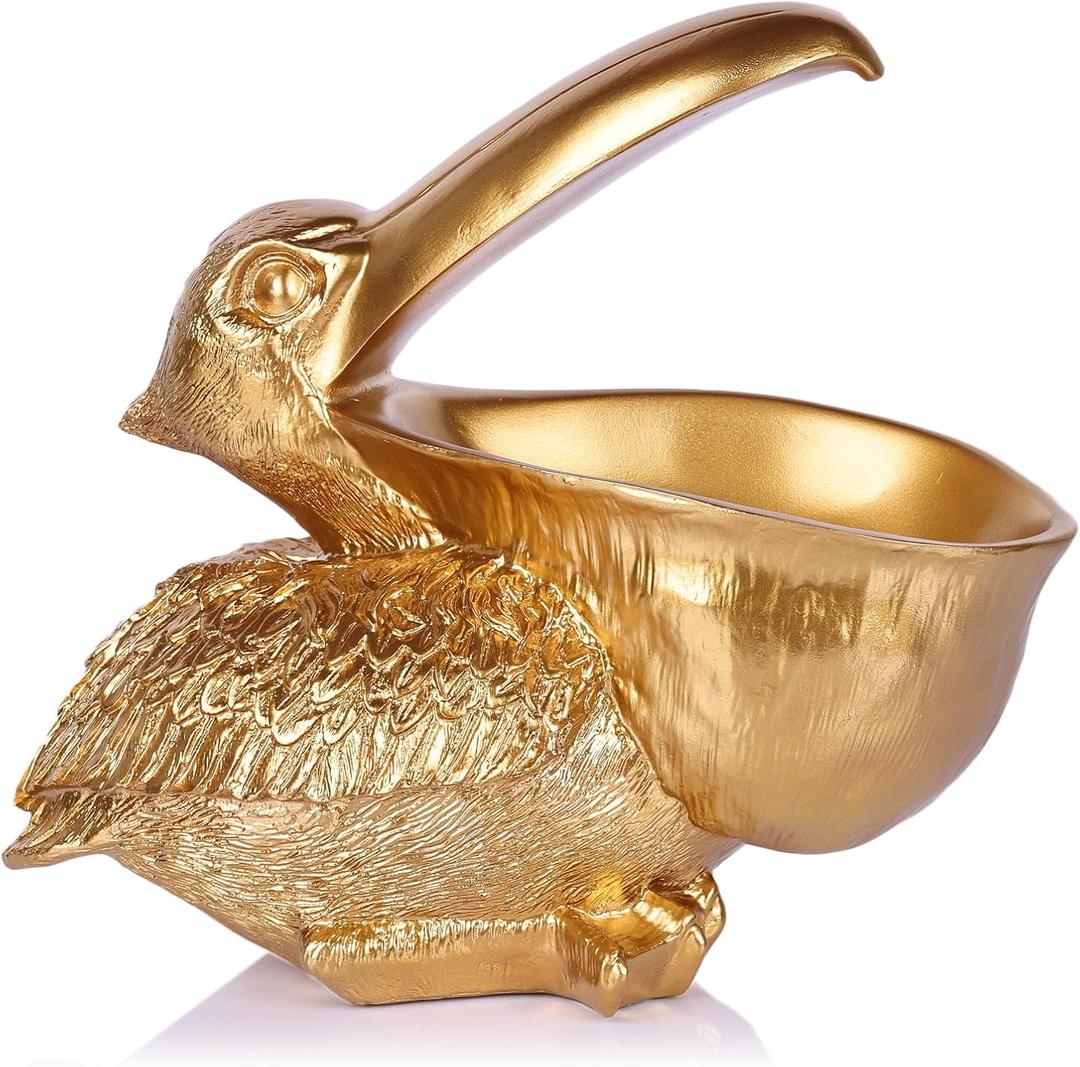 Pelican Key Holder Statues,Fun Animal Hippo Candy Dish,Candy Dish for Office Desk Unique,Modern Key Holder for Pelican Figurine,Suitability Desk and Entry Table Decor Items (All Gold)