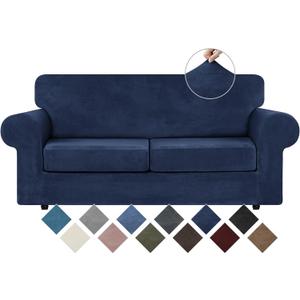 WEERRW Velvet Couch Covers for 2 Cushion Couch Sofa - High Stretch Luxury Velvet Plush 3 Pieces Sofa Slipcovers with Elastic Bottom, Furniture Protector for Pets, Machine Washable, Navy Blue, Medium