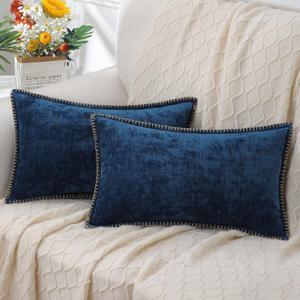 decorUhome Chenille Soft Cozy Throw Pillow Covers 12x20 Set of 2, Modern Farmhouse Boho Velvet Decorative Pillow Cases with Stitched Edge for Couch Sofa Bed Home Decor, Poseidon