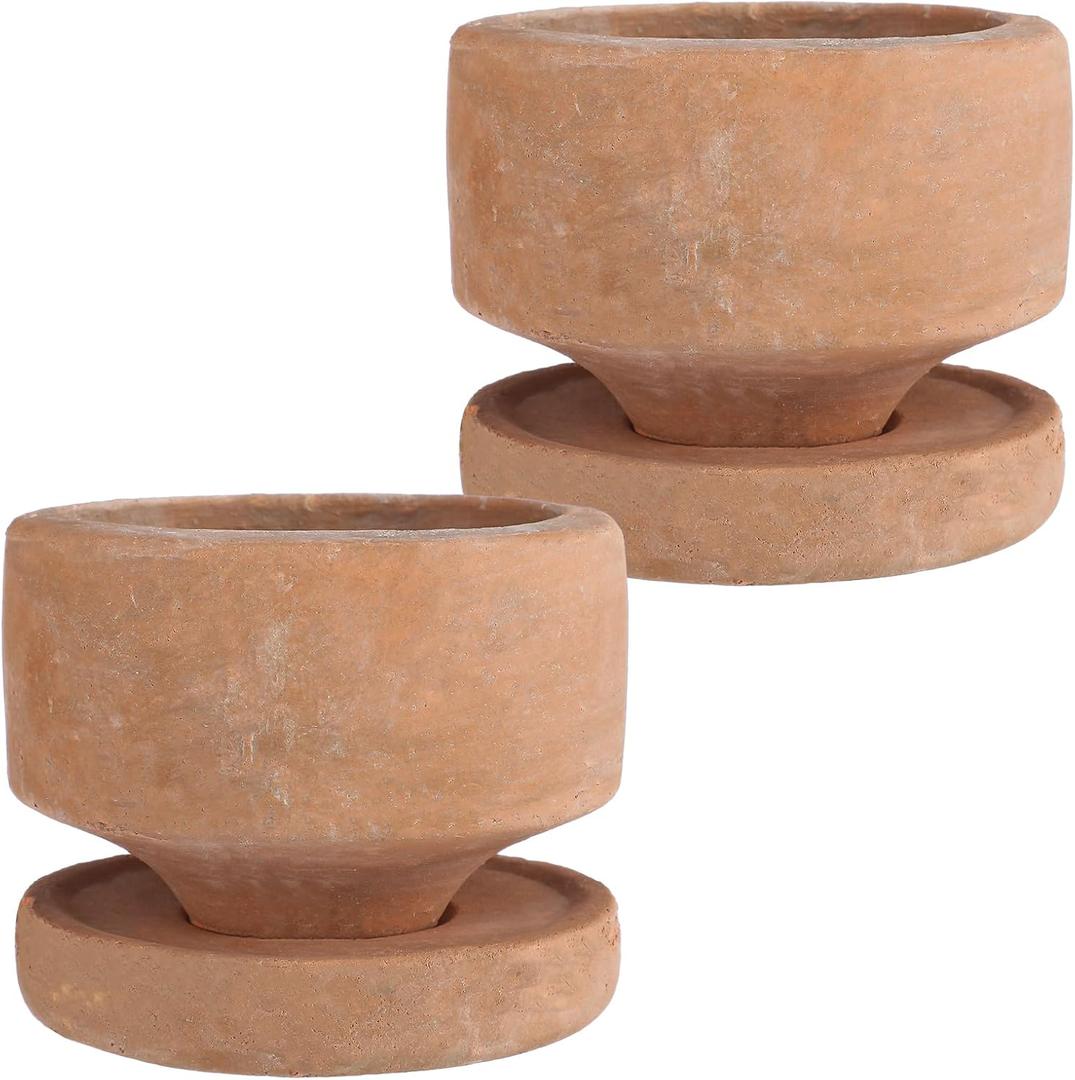 Yungyan 2 Set 4.3'' Rustic Terracotta Plant Pot with Drainage Saucer Vintage Breathable Clay Planter Farmhouse Flower Pot Distressed Finish for Flower Succulent Modern Home Garden Decor(Round)