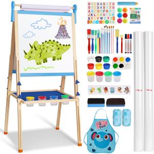 YOHOOLYO Kids Easel Wooden Children Art Easel Paper Roll,Double Sided Magnetic Whiteboard Chalkboard Dry Eraser Adjustable Height for Boys Girls Gifts, 20" x 16" x 4"