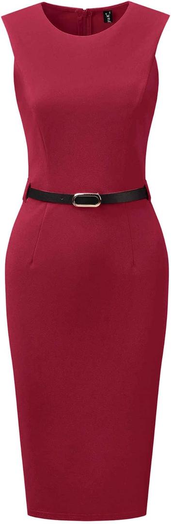 Allegra K Work Dress for Women's Sleeveless Office Round Neck Belted Business Pencil Dresses (Red, L)