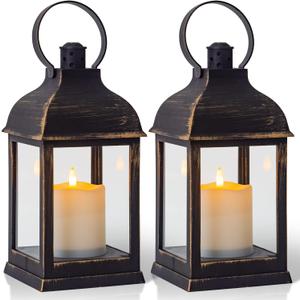 Vintage Lantern Decorative LED Flickering Flameless Candle with Timer, Battery Powered LED Decorative Hanging Golden Brushed Black Lanterns for Indoor Outdoor Garden Yard Home Decor(2 Pack)