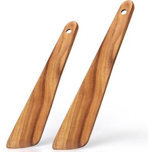 2 Pcs Teak Wooden Spatula Set Flat Spurtles Kitchen Tools Turner Small Wood Scraper Spatulas for Cooking Spoon Non Toxic Bamboo Kitchen Utensils Sourdough Stirrer Spurtle Egg Flipper Cast Iron Spatula (11.8" & 10" Set)
