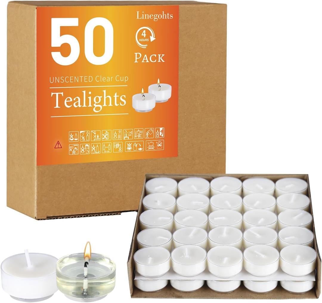 Unscented Clear Cup Smokeless Tea Lights - 50 Pack White Palm Tealight Candles - 4+ Hour Burn Time - Clean-Burning Votive Tealights Candles for Home, Shabbat & Anniversaries (50 Pack)