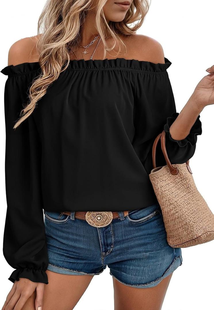 EVALESS Womens Tops Off The Shoulder Blouses for Women Dressy Casual Cute Puff Sleeve T Shirts Fashion 2026 XL