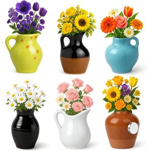 Juome Mini Vase Magnets for Fridge - 6PCS Cute Tiny Ceramic Magnet Vases for Flowers Plant, 3D Mini Magnetic Vases for Refrigerator Kitchen Locker Office Decoration (Include Flower)