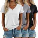 Ficerd 3 Pack Women's V Neck T Shirts, Summer Casual Short Sleeve Tops Loose Fit Rolled Sleeve Tees Trendy Shirts (XL)