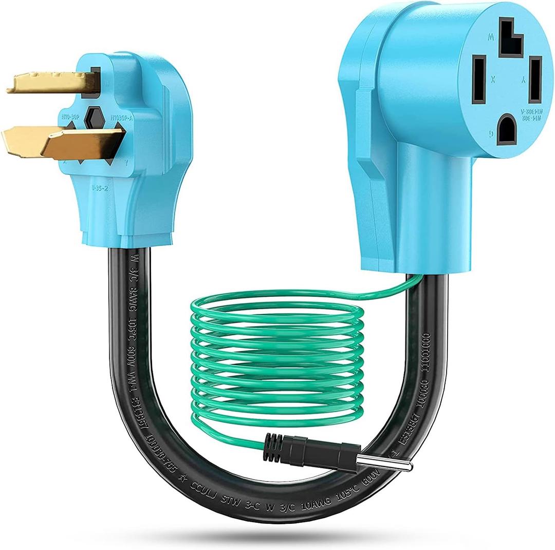 CircleCord Dryer Adapter 4 Prong to 3 Prong, 4P Newer Dryer to 3P Older House, Dryer Convert Cord NEMA 10-30P Plug to 14-30R Receptacle, 220V 30 Amp 10 AWG STW Blue with Safety Ground Wire, ETL Listed
