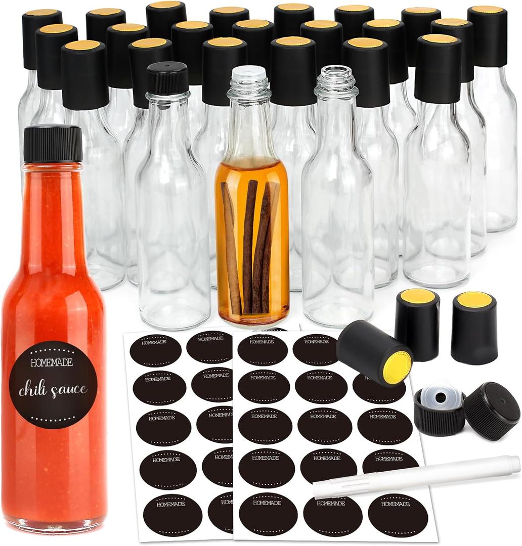GMISUN Mini Hot Sauce Bottles 5 oz, 24 Pack Glass Woozy Bottles with Shrink Capsules, Vanilla Extract Bottles with Labels, Funnel, Caps, Dripper Inserts, for Homemade Hot Sauces, Dressing