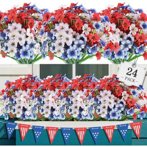 24 Bundles Artificial Flowers for Outdoor,No Fade Fake Plastic Flowers for Garden Porch Window Box Home,Red White Blue Faux Plants for 4th of July Memorial Day Independence Day Patriotic Decor (Mix 3 Colors)