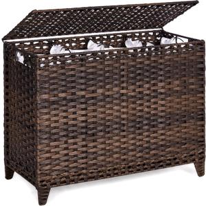 Laundry Hamper with 4 Removable Liner Bags; 176L Handwoven Rattan Laundry Basket with Lid & Heightened Feet; Clothes Hamper with Side Handles (Brown) (176L (33.46x13x26.57 Inches))