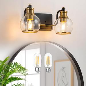 2 Light Modern Bathroom Light Fixtures Over Mirror (LED Bulbs Included), Black Gold Vanity Lights for Bathroom Wall Sconces with Clear Globe Glass Glass Shades