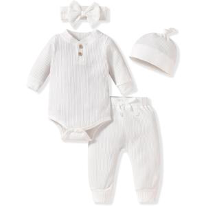 Aalizzwell Newborn Infant Baby Boys Girls Clothes Ribbed Long Sleeve Fall Winter Outfit White 0-3 Months Premature Gender Neutral Unisex