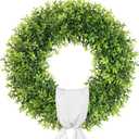 24 Inch Large Boxwood Wreath Spring Summer with Sash Artificial Green Wreaths for Front Door Farmhouse Wedding Window Hanging Wall All Year Round Indoor & Outdoor St Patrick's Day Decor