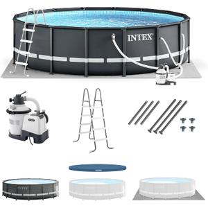 Intex Ultra XTR Frame 14' x 42" Round Above Ground Outdoor Swimming Pool Set with Sand Filter Pump, Ladder, Ground Cloth, and Pool Cover