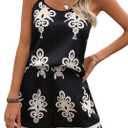 GORGLITTER Women's Two Piece Summer Vacation Outfits Boho Graphic Cami Top Wide Leg Shorts Sets Black Small