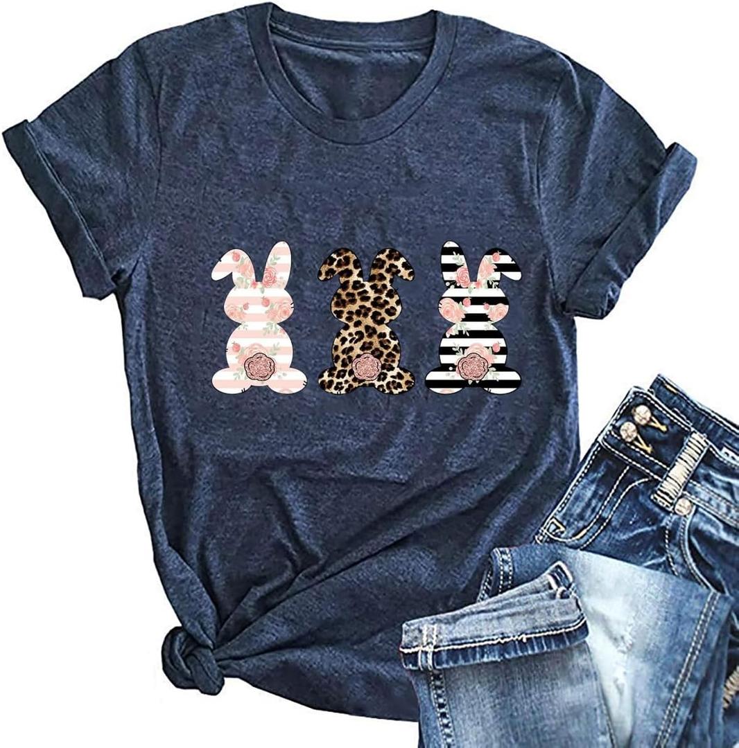 Yimoya Happy Easter Shirt Cute Easter Tees Leopard Bunny Rabbit Graphic Tees (Medium)