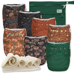 Nora's Nursery Cloth Diapers 7 Pack with 7 Inserts & 1 Wet Bag - Waterproof Cover, Washable, Reusable & One Size Adjustable Pocket Diapers for Newborns and Toddlers - Dahlia 