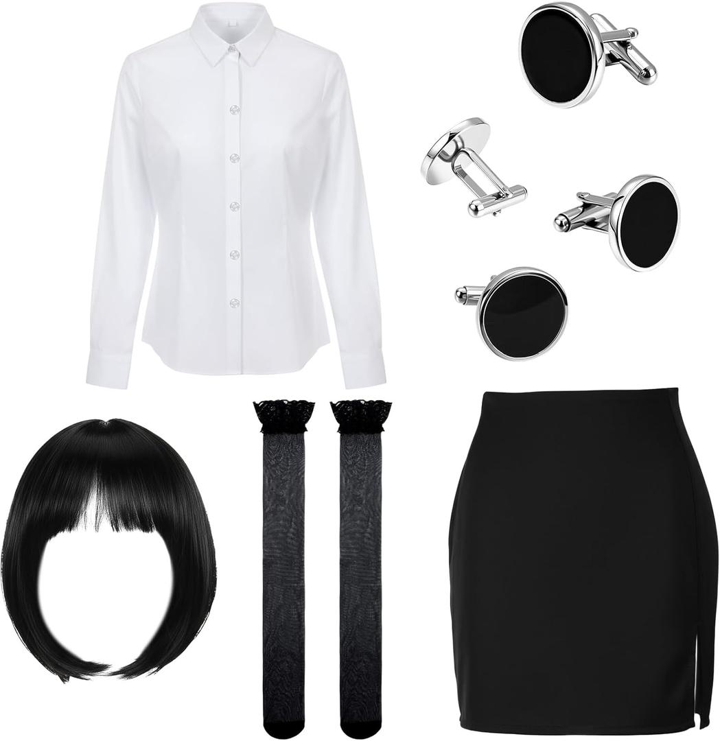 Yahenda 5 Pcs Halloween Costume Women Black Bob Wigs Skirt Thigh High Stockings Shirts Cuff Links for Halloween Cosplay (L)