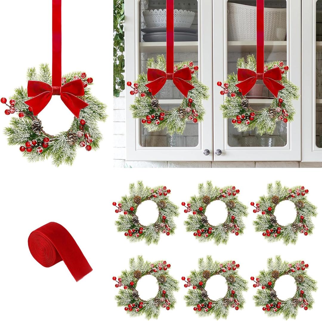 6Pcs 9" Christmas Wreaths Small Christmas Wreaths for Kitchen cabinets Mini Wreaths with Red Ribbon Christmas Candle Ring with Pine Cone, Red Berry & Pine Needle Decor for Christmas Decorations
