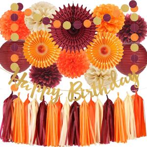 Fall Party Decorations Burgundy and Orange Fall Birthday Decorations Tissue Pom Poms Paper Fans Lanterns Tassel Garlands for Women Girls Fall Birthday Thanksgving Party Decoration