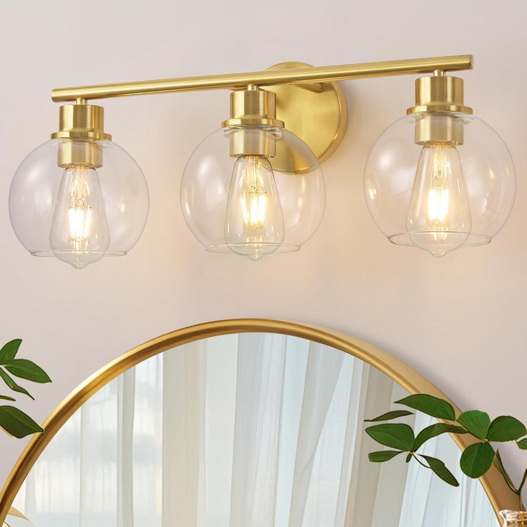 22" Bathroom Light Fixtures, 3-Lights Bathroom Vanity Light Over Mirror with Clear Glass Shade, Modern Gold Wall Sconce Vanity Lighting for Bath, Kitchen, Living Room, Hallway