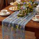 Blue Floral Table Runner 10ft Embroidery Tulle Spring Wildflower Table Runner Seasonal Summer Butterfly Kitchen Dining Gauze Decoration for Wedding Baby Shower Birthday Party (1 Pcs)