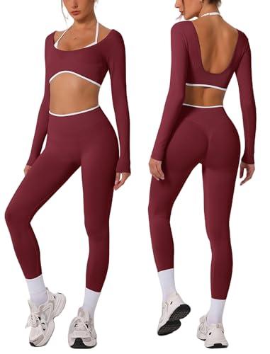 ABOCIW Womens Workout Sets Seamless Color Block Backless Long Sleeve Crop Top Scrunch Butt Lifting High Waist Leggings 2 Piece Gym Set Yoga Pilates Outfits Burgendy Red Medium