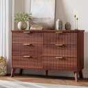 GarveeHome Fluted Dresser for Bedroom with 6 Deep Drawers, 47.2 in Wide Modern Chest of Drawers, Wooden Dresser TV Stand, Curved Profile Design, for Living Room, Kids Room, Hallway, Walnut