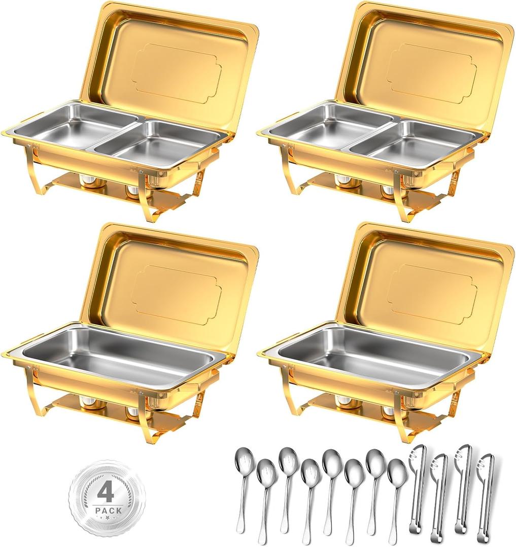 Chafing Dishes for Buffet, 8 Qt High Grade Chafing Dish Buffet Set, Rolled-Edge Design Food Warmers for Parties, Buffet, Wedding, Birthday, Camping 4 Pack 6 Pans [Gold]