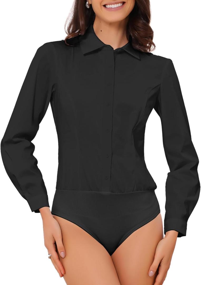 Allegra K Button Down Bodysuit Blouse for Women Collared Shirts Long Sleeve Work Business Casual Bodysuits Top (Large)