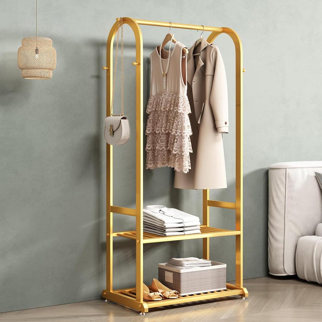 Gold Clothing Rack, Metal Garment Rack with Bottom Storage Shelves and 6 Side Hooks, modern Sturdy clothes racks for hanging clothes, Freestanding Wardrobe Rack for Bedroom or Boutique Size:  L: 31.5 inches