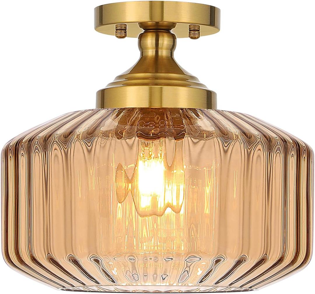 11.8in Semi Flush Mount Ceiling Light Fixture, Vintage Striated Glass Kitchen Lighting Fixtures Ceiling Mount for Entryway Hallway Bedroom Dining Room Bathroom Foyer Laundry (Amber)