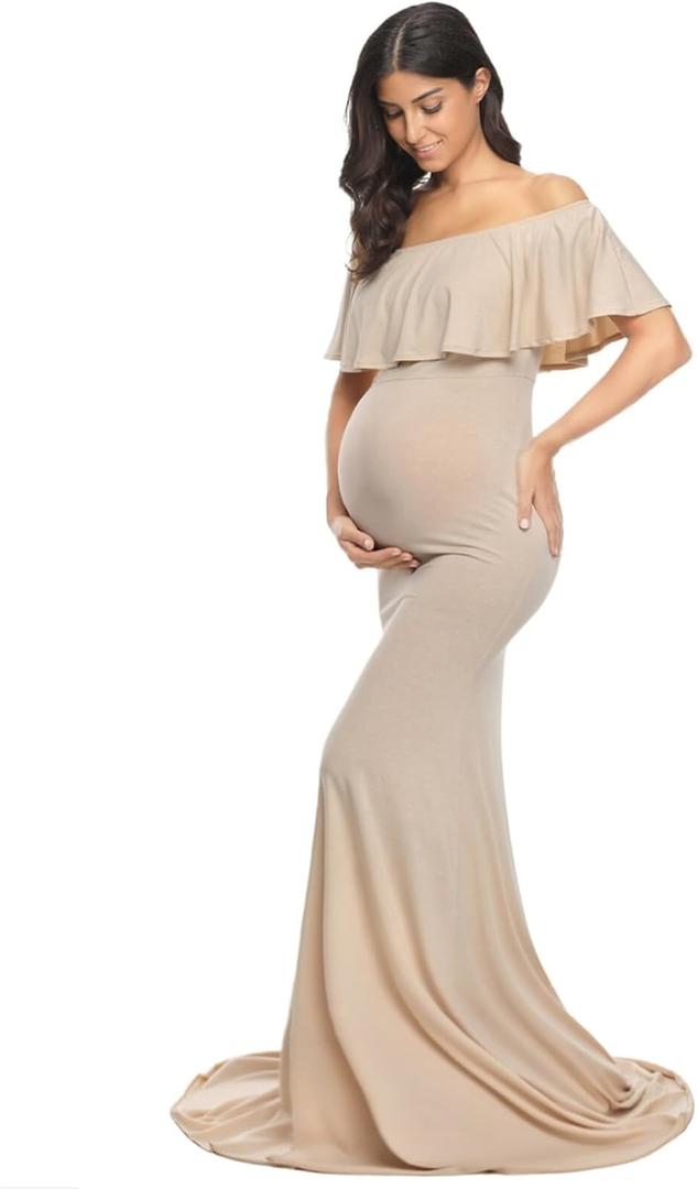 Glampunch Womens Off Shoulder Maternity Dress Ruffles Elegant Slim Gowns Fit Maxi Photography Dress (Large, Beige)