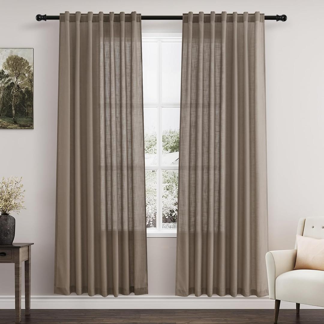 Nanspring Dark Taupe Linen Curtains 80 Inches Length for Living Room Back Tab Rod Pocket Semi Sheer Linen Drapes Muted Neutral Boho Linen Textured Window Curtain for Dining Room Bedroom 52X80 Inches