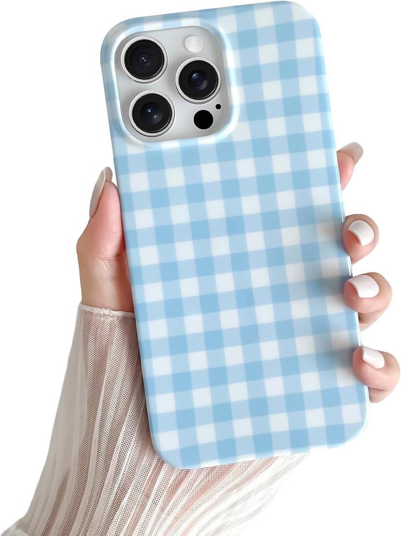 Skyseaco for iPhone 13 Pro Max Case Cute Aesthetic Gingham Phone Case Soft Slim TPU Shockproof Phone Cover for Women Girls - Blue