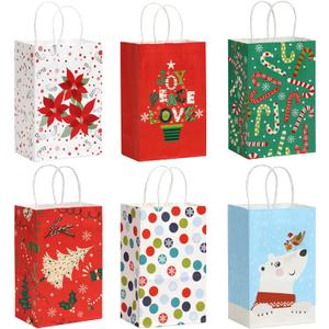 SUNCOLOR 12 Pack Small Christmas Gift Bags, 7.9  5.12  3.15 Inch, 6 Festive Designs with Handles, Paper Holiday Gift Bags for Christmas Parties, Presents and Holiday Decorations (2 of Each Design)
