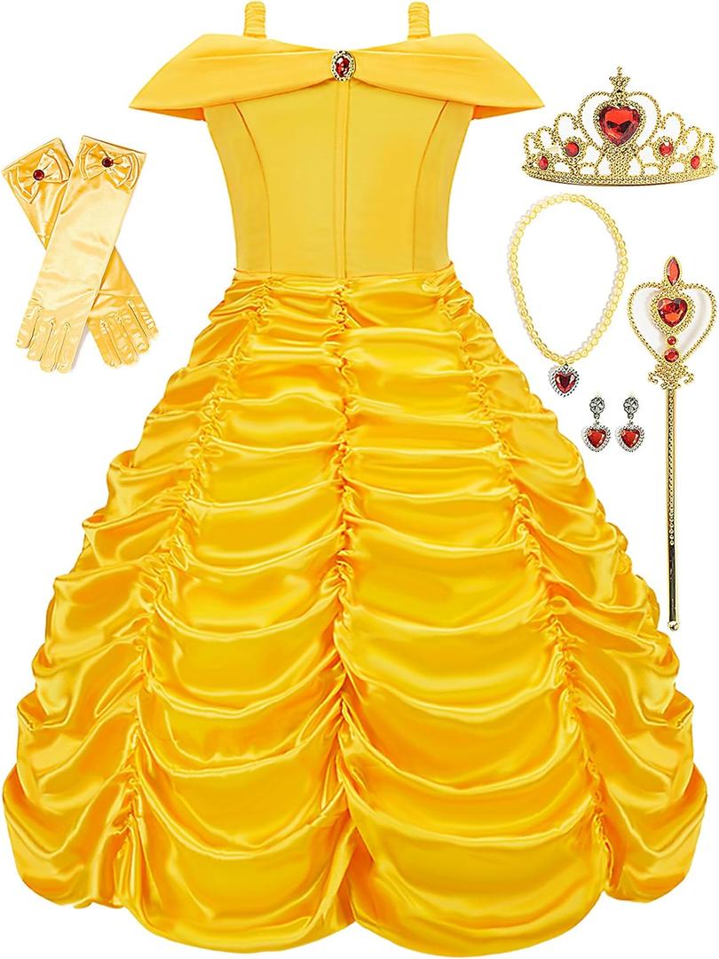 Funna Princess Costume Layered Dress Off Shoulder for Girls Dress Up with Accessories Yellow (8 Years)
