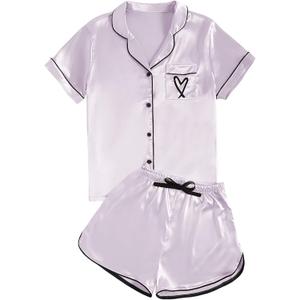 Rooscier Women's Satin Pajamas Set V Neck Short Sleeve Shirt With Shorts Sleepwear (Large, Light Purple)