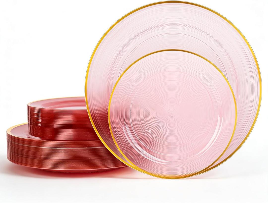 120PCS Pink Plastic Plates with Gold Rim, Heavy Duty Disposable Plate, Fancy and Elegant Circular Ribbed 60 Dinner and Dessert Plates for Party, Weddings