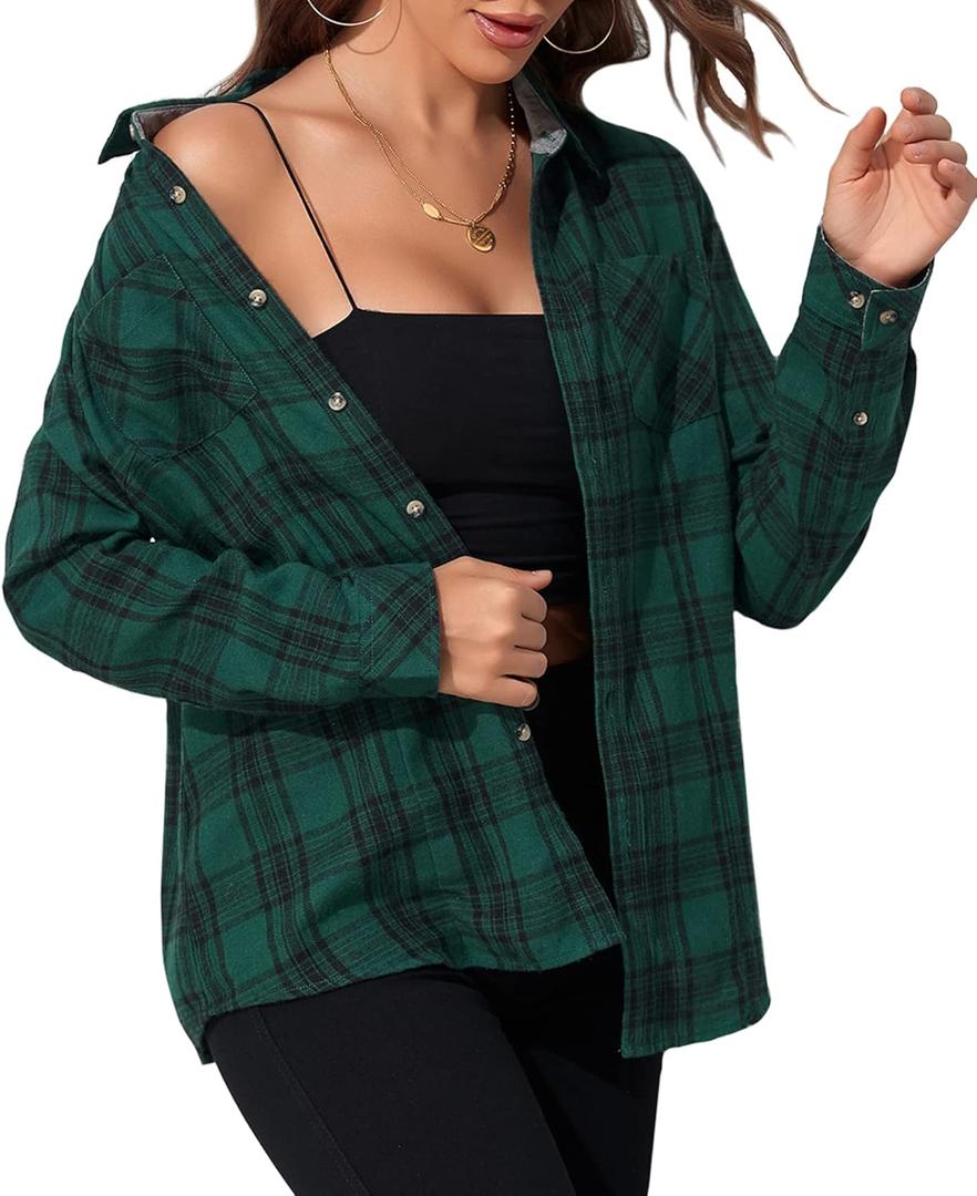Deer Lady Plaid Flannel Shirts for Women Buffalo Plaid Shirts Oversized Long Sleeve Casual Button Down Blouse Top (Small, Green)